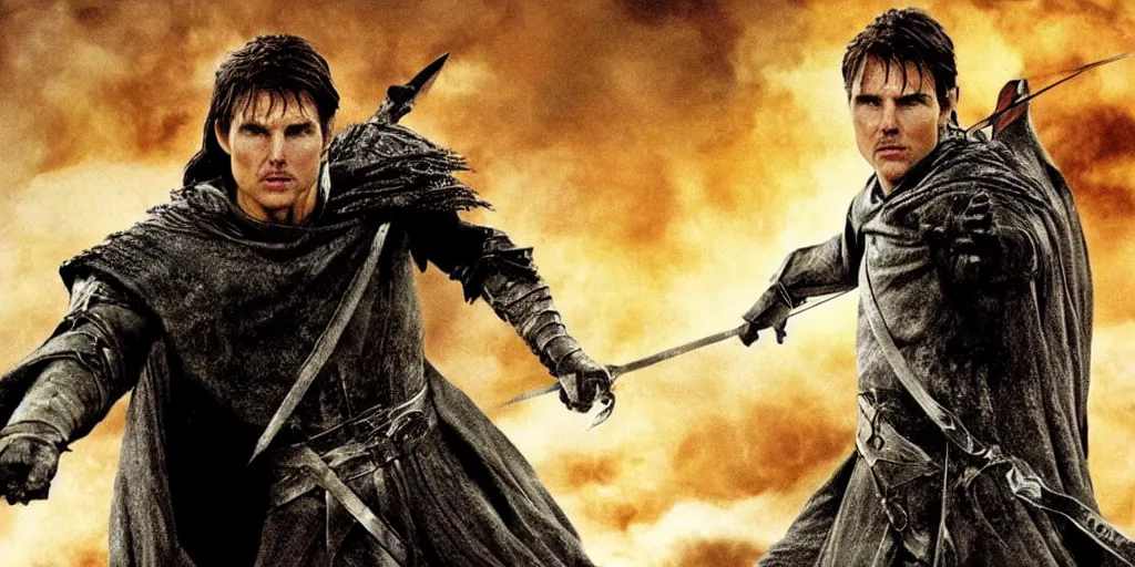 Image similar to ' tom cruise'as the entire army of mordor 9 0 0 0'lord of the rings ', cinematic scene, award winning