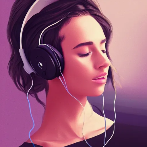 Image similar to an illustration of a beautiful woman listening to music with headphones by Alex Flores, highly detailed, digital art, trending on artstation
