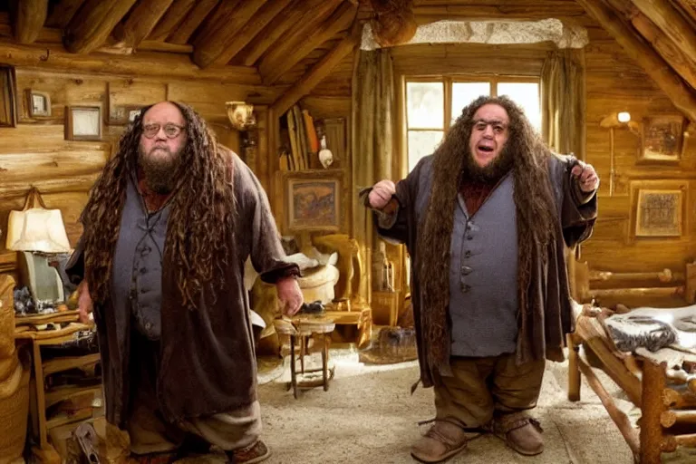 Image similar to film still Danny Devito as Rubeus Hagrid in his cabin in Harry Potter movie