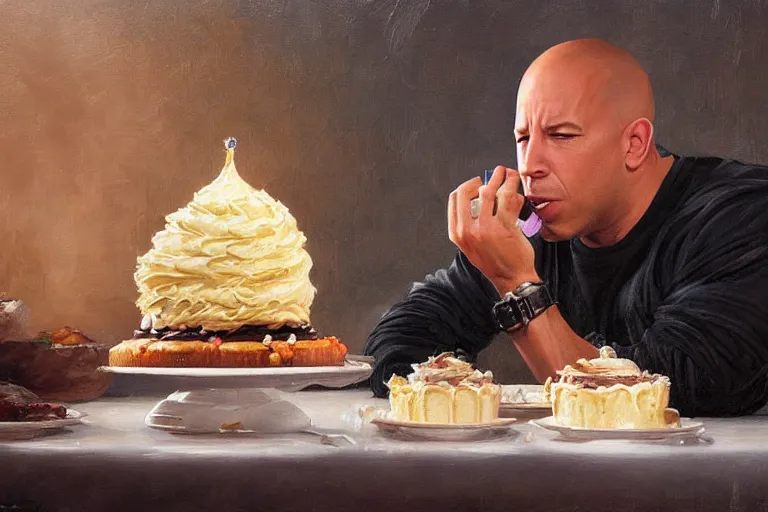 Image similar to portrait of vin diesel eating cake alone wearing a birthday hat, an oil painting by ross tran and thomas kincade