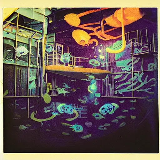 Image similar to under water deep sea laboratory, at night, lo fi, polaroid 6 0 0, 1 9 6 5 lightning, vintage science fiction, aquatic plants, colorful swirls of paint, movie set.