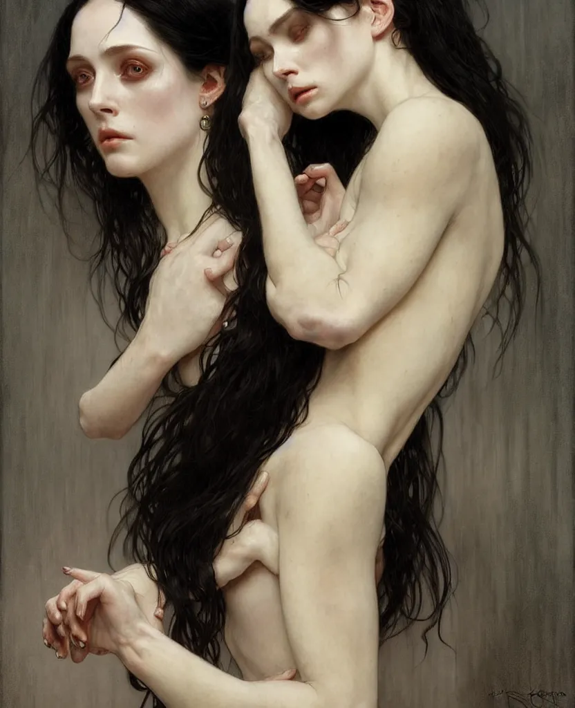 Prompt: cadaver of a beautiful pale skin female with long black hair and dark piercing eyes lies on a morgue table, gentle expression, elegant clothing, photorealistic, highly detailed, artstation, smooth, sharp focus, art by Klimt, artgerm, Greg Rutkowski and Alphonse Mucha