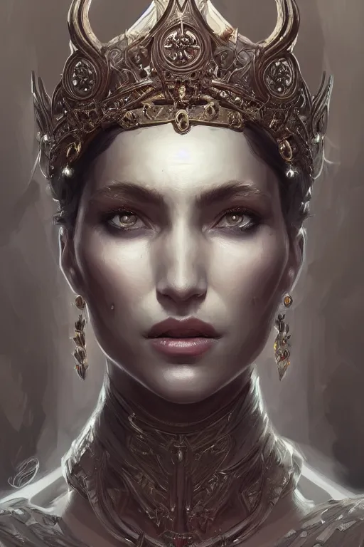 Prompt: highly detailed portrait of an elegant demon, ornate crown, beautiful symmetrical face, glowing skin, digital painting, artstation, concept art, smooth, clear focus, illustration, greg rutkowski, artgerm, global lighting, detailed and fantasy