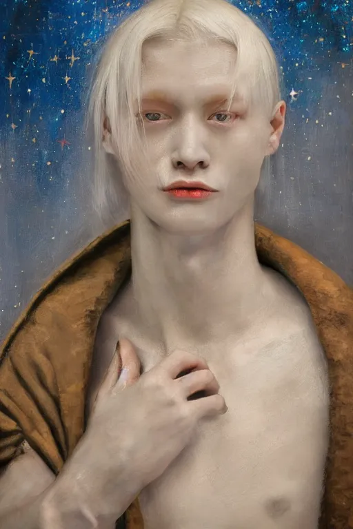 Image similar to hyperrealism oil painting, close - up portrait of albino medieval fashion model, knight, steel gradient mixed with nebula sky, in style of baroque