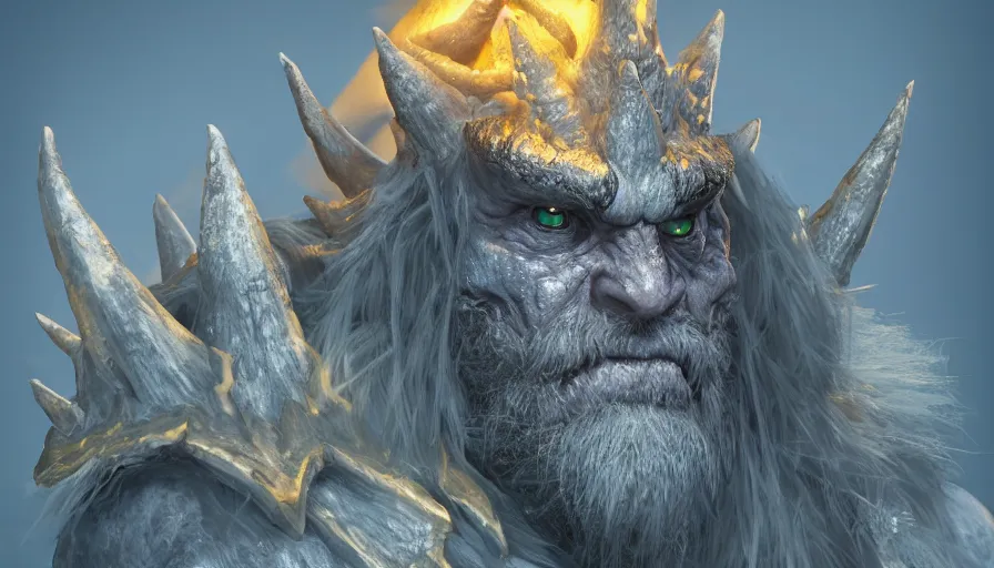 Image similar to a digital art portrait of frost ogre with golden eyes character design from dark souls, world of warcraft frost giant character sheet, 4 k, ultra detail, volumetric lighting, unreal engine, octane render