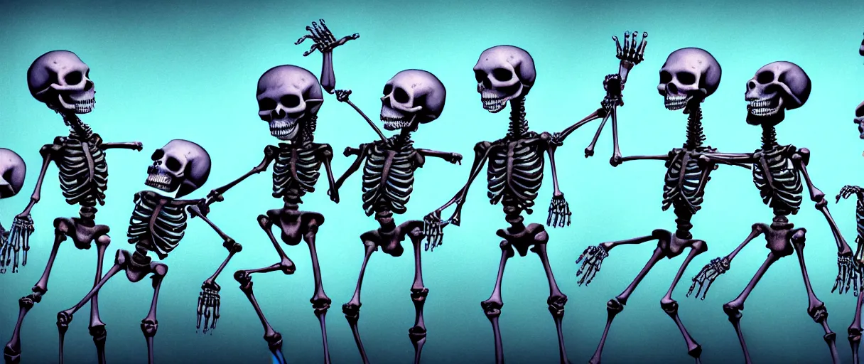 Image similar to hyperrealistic very cute milticolored medieval skeletons dancing jason limon concept art dramatic blue lighting wide angle hd 8k sharp shallow depth of field