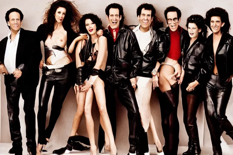 Image similar to a high fashion photograph of the cast of seinfeld wearing leather, rolling stone magazine, fashion photography.