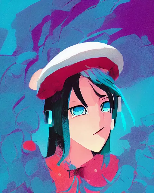 Prompt: girl with beret, colored manga panel, drawn by Anton Fadeev