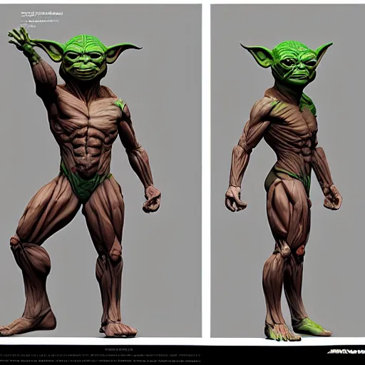 Image similar to muscular yoda, au naturel, hyper detailed, digital art, trending in artstation, cinematic lighting, studio quality, smooth render, unreal engine 5 rendered, octane rendered, art style by klimt and nixeu and ian sprigger and wlop and krenz cushart