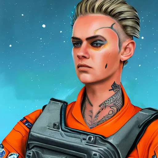 Image similar to character concept art of heroic stoic emotionless butch blond handsome woman space explorer with detailed tribal chin tattoos, dirty and injured, very short slicked - back butch hair, no - makeup, narrow eyes, wearing atompunk jumpsuit, orange safety vest, retrofuture, highly detailed, science fiction, illustration, oil painting, realistic, lifelike, pulp sci fi, cinematic