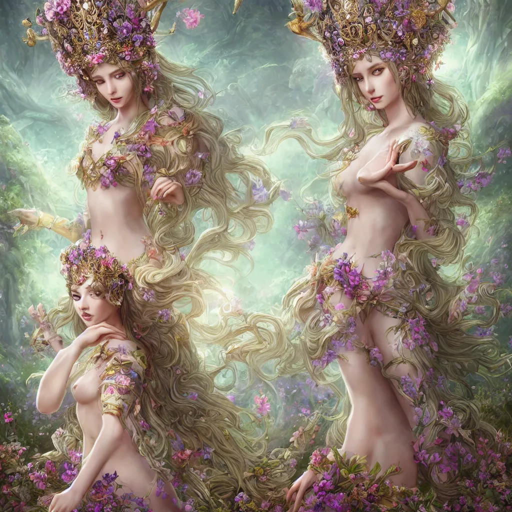 Prompt: A beautiful fantasy empress, highly detailed full body, just one person, breathtaking flower tiara, long hair, gorgeous aristocrat robe, beautiful figure, field of fantasy flowers and leaves, foxes and deer, epic composition, ultra wide-shot, dynamic pose, concept art, beautifully lit from left side, digital painting, smooth, character design, ((sharp focus)), elegant, intricate, artstation, by WLOP and James Jean and Victo Ngai