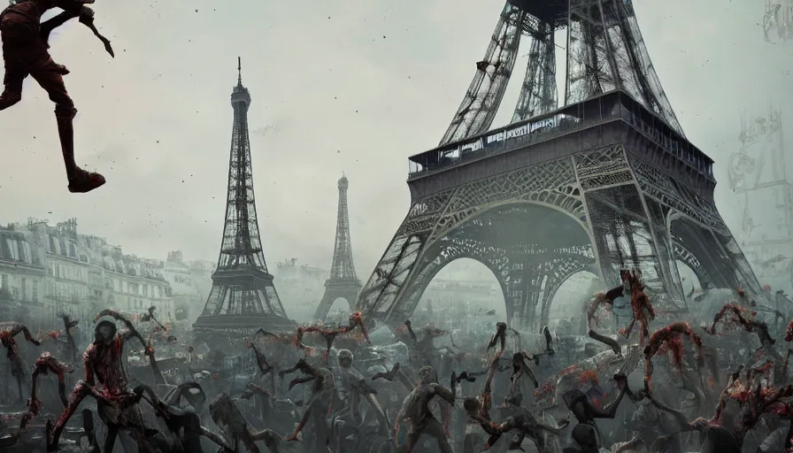 Prompt: paris invaded by zombies with survivors on roofs, destroyed eiffel tower, hyperdetailed, artstation, cgsociety, 8 k