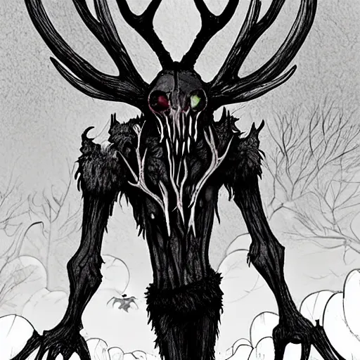 Prompt: rafeal albuquerque comic art : : wendigo monster with deer skull face, antlers, furry body, tall and lanky : : walking through the forest : : night time : : spooky, scary, fog