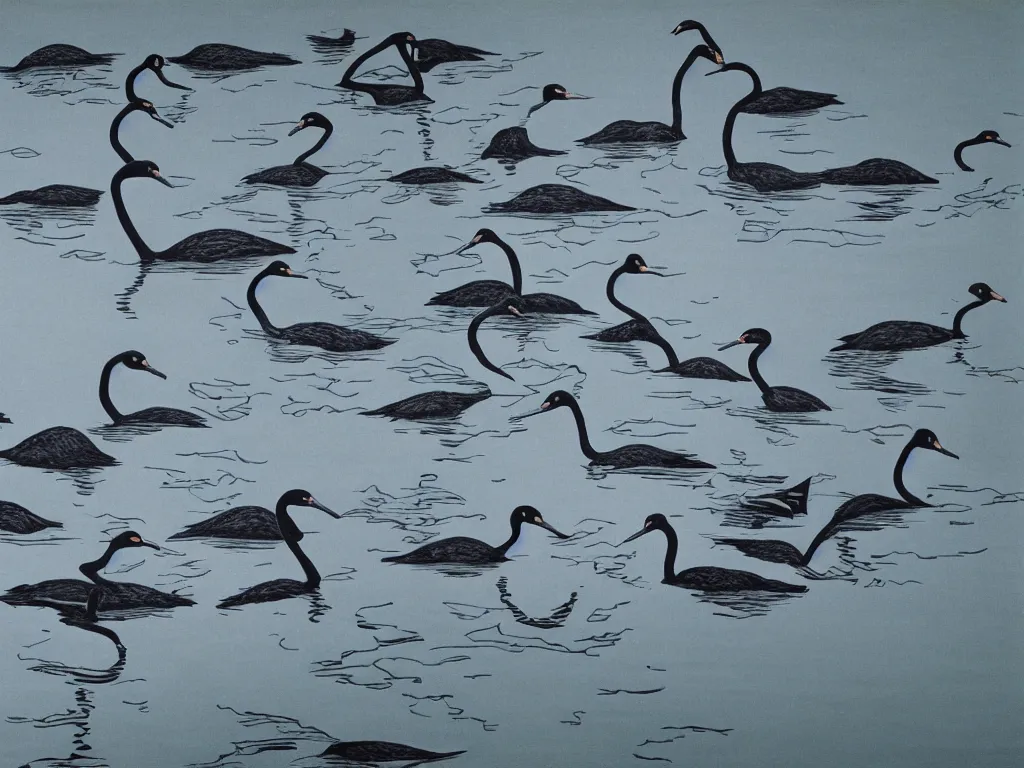 Prompt: black swans chilling in a lake that surrounded by forest, lake is light blue and sky is cloudy, by collaboration of M. C. Escher and Salvador Dali