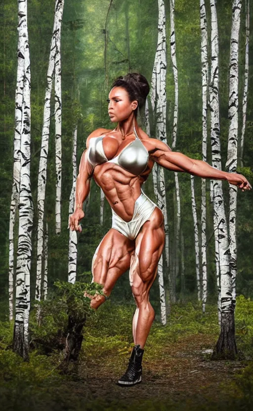 Prompt: photo of bodybuilder woman posing in birch forest in jeff koons hip hop bauhaus style, beautiful detailed face, ultra realistic, concept art, intricate details, serious, highly detailed, photorealistic, octane render, 8 k, unreal engine, natural light, art by todd mcfarlane