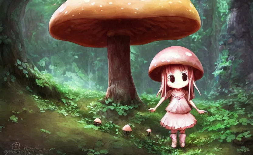 Prompt: cute little girl with a mushroom hat in dark forest, cute artwork, clean detailed, inspired in made in abyss, detailed background, fantastic world