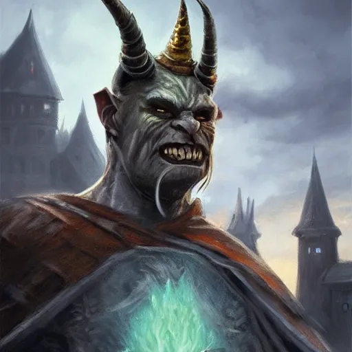 Image similar to orc wizard, oil painting, dramatic, robed warrior, orc with horns, castle in background, stone brick background, ultra realistic, artstation award, fantasy, concept art, portrait pose, full body, armored