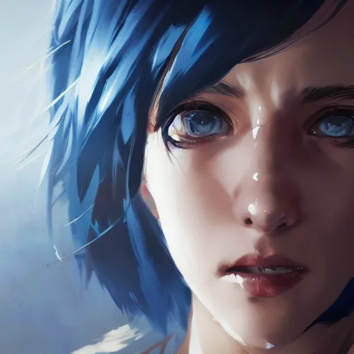 Image similar to realistic portrait of Sinon from sword art online, short blue hair, dramatic lighting, illustration by Greg rutkowski, yoji shinkawa, 4k, digital art, concept art, trending on artstation