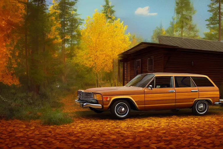 Prompt: 7 0's station wagon with wooden sides parked in an autumn forest near a cosy wooden house, golden leaves, golden hour. detailed digital art, behance, artstation, masterpiece
