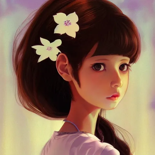 Image similar to little brown girl with flowers in hair wearing an white dress. art by ilya kuvshinov, profile picture, inspired in hirohiko araki, realistic, highly detailed, 8 0 s anime art style, vogue cover