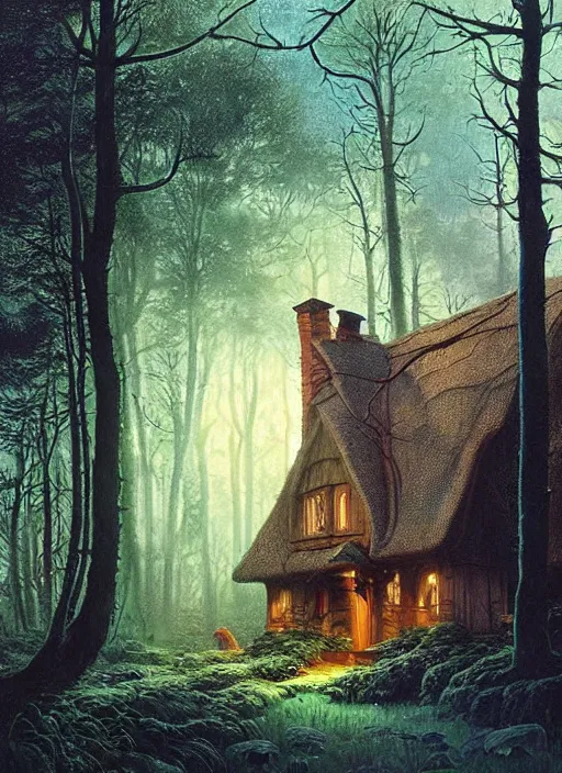 Image similar to hyper realistic witch cottage with mood lighting and technology in the woods gorgeous lighting, sunbeams blue sky, highly detailed, lush forest foliage painting by zdzisław beksinski and norman rockwell and greg rutkowski weta studio, and lucasfilm