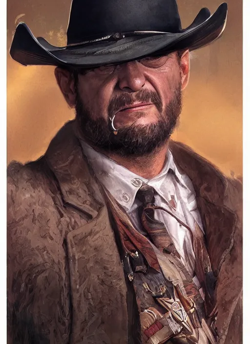 Image similar to Portrait Tim Robinson (from I Think You Should Leave) in a cowboy hat and eye mask disguise, marvel comics, dark, intricate, highly detailed, smooth, artstation, digital illustration by Ruan Jia and Mandy Jurgens and Artgerm and Wayne Barlowe and Greg Rutkowski and Frank Frazetta