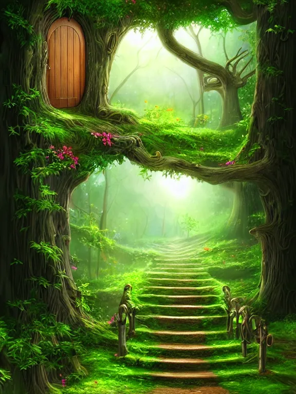 Image similar to professional digital art detailed forest tree with door and stairs, magical forest flowers mushrooms cgsociety wlop behance by pixiv