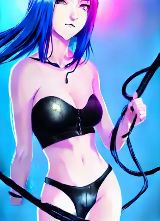 Image similar to hyper realistic photograph portrait of pretty girl with blue hair, wearing a full leather outfit, holding a whip, dramatic lighting by makoto shinkai, ilya kuvshinov, lois van baarle, rossdraws, basquiat