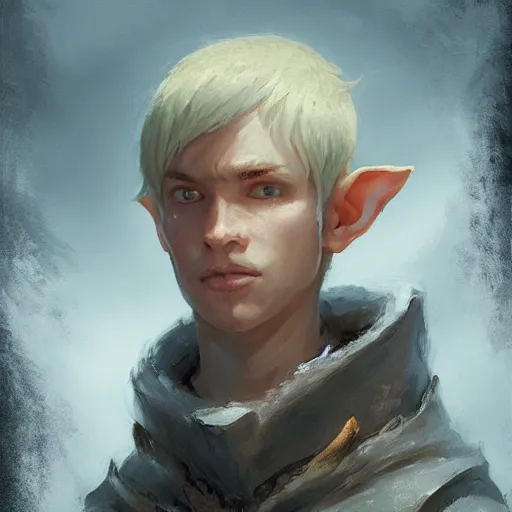 Prompt: Portrait of a young elf called Eldon, who is a very young wizard that studied at the School of Abjuration, DnD, art by argerm and greg rutkowski, trending on artstation.