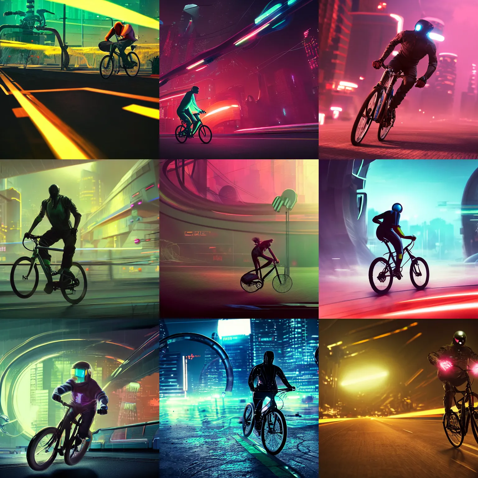 Prompt: photo of a man racing a bicycle on an alien cyberpunk neon planet, cinematic, atmospheric, 8k, trending on artstation