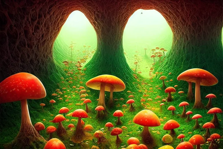 Image similar to surreal glimpse into other universe, stuck in a mushroom cave, summer morning, very coherent and colorful high contrast, art by!!!! gediminas pranckevicius!!!!, geof darrow, dark shadows, hard lighting