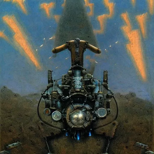 Prompt: steampunk jetpack with fossil ornaments in a landscape, beam of light beksinski