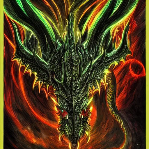 Prompt: a portrait of a dark entropy dragon, detailed, fantasy, scary, realistic, frightening, ornate, horns, spikes, fluorescent colors