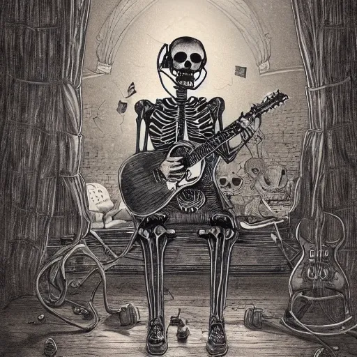 Image similar to skeleton wearing headphones, watching girl playing guitar while her black cat standing next to her, detailed intricate ink illustration, dark atmosphere, detailed illustration, hd, 4k, digital art, overdetailed art, by greg rutkowski, by loish, complementing colors, Trending on artstation