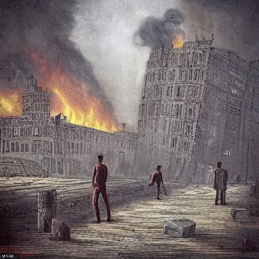 Image similar to the city is burning and fire is everywhere, palaces are collapsing just a man was standing alone crying while world is getting destroyed detailed picture