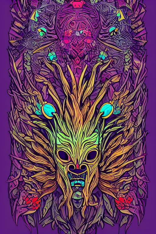 Image similar to animal mask totem roots flower tribal feather gemstone plant wood rock shaman vodoo video game vector cutout illustration vivid multicolor borderlands comics by josan gonzales and dan mumford radiating a glowing aura