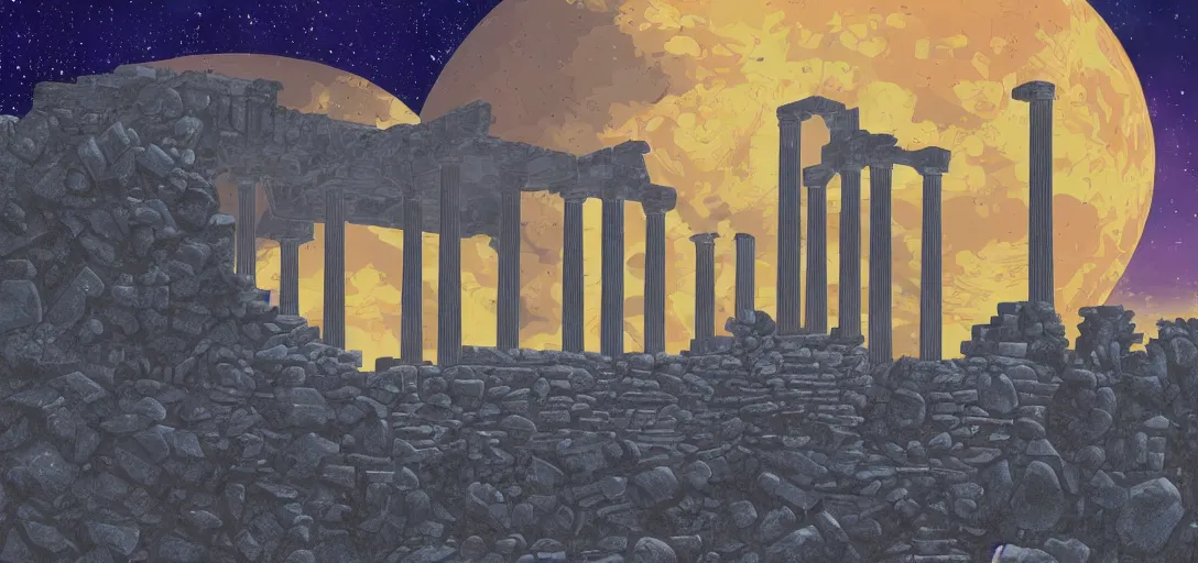 Image similar to The ruins of the Silver Millennium on the moon from Sailor Moon, digital painting, planet Earth in the distance, Greek-esque columns and ruins