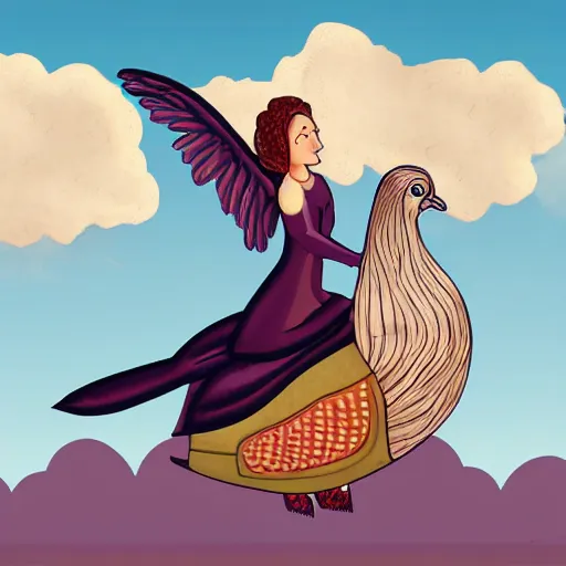 Prompt: Digital art of a woman riding a giant pigeon in the sky