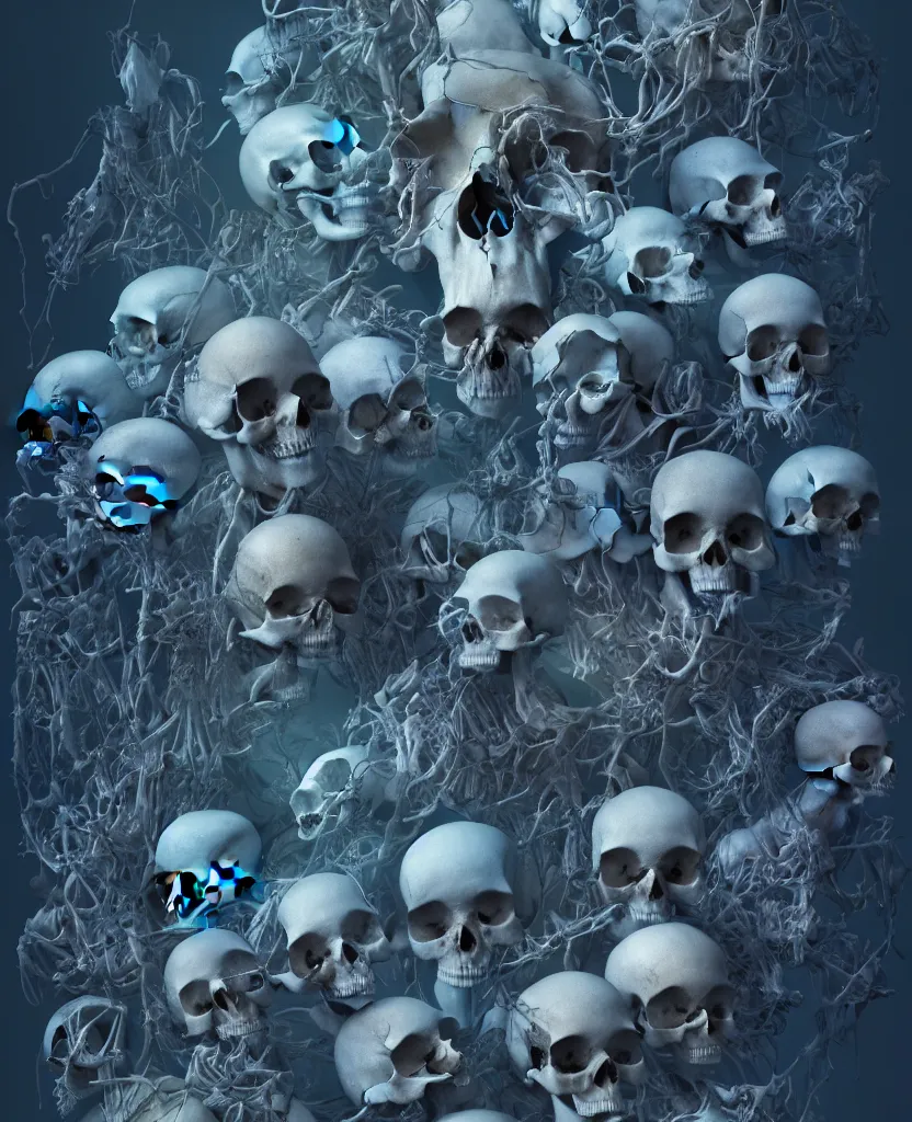 Image similar to composition of human skulls, animals skulls, bones, rib-cage and orchids, bioluminiscent, by Tooth Wu and wlop and beeple. octane render, trending on artstation, greg rutkowski very coherent symmetrical artwork. cinematic, hyper realism, high detail, octane render, 8k