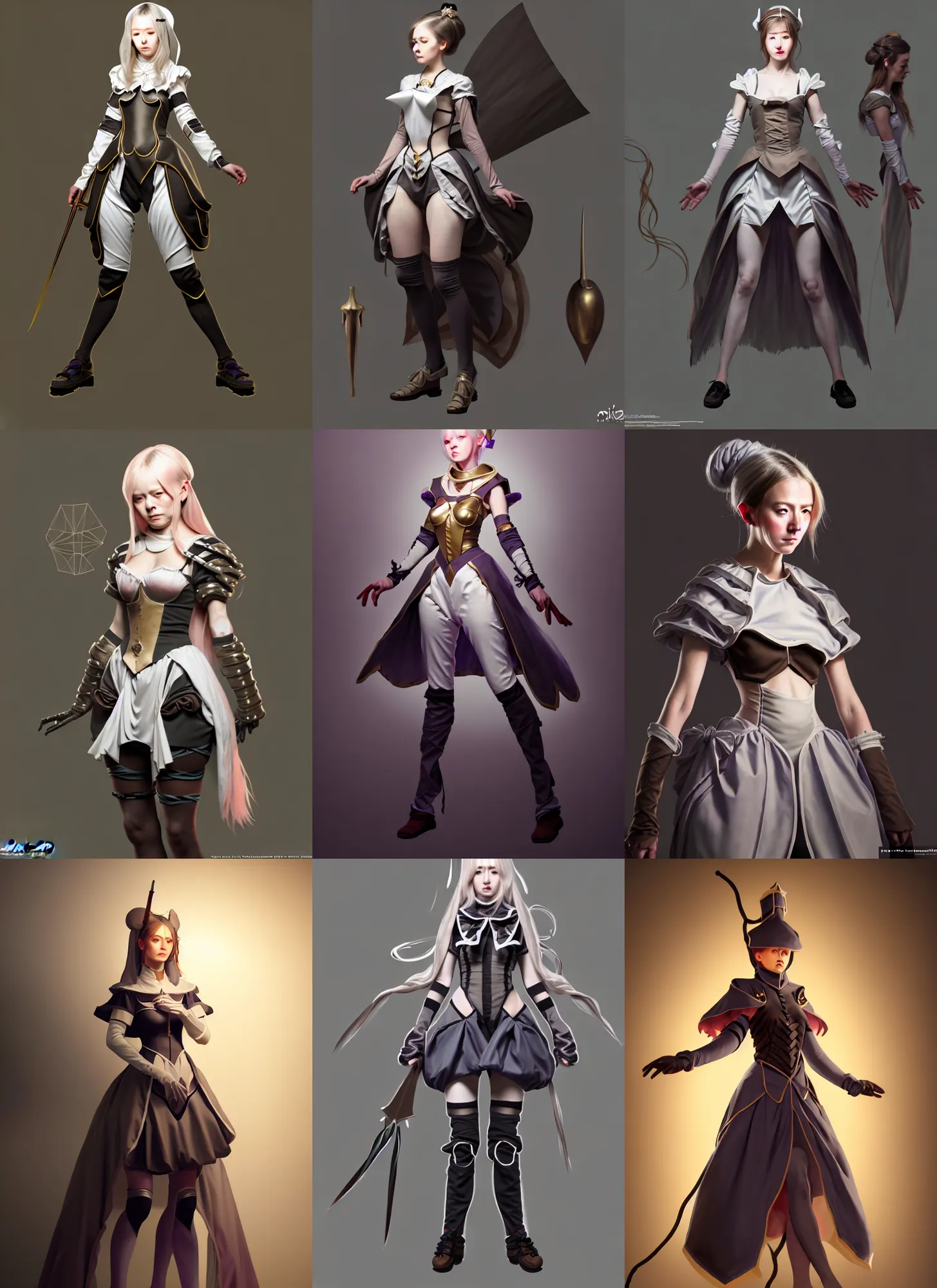 Prompt: costume design made by idealisic concepts, sophisticated composition, old masters light composition, procedurally generated, battle maid character posing for concept art, DMT SPACE behind, substance designer, PBR, HD, Ultra detailed, hyperrealistic, megascans, volumetric light, concept by master artist, made in paint tool SAI2, trending pixiv face