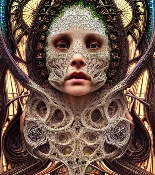 Prompt: hyperrealistic detailed face portrait of a beautiful young goddess morphing into a gothic cathedral, authentic ornamental architecture, intricate and highly detailed, awe inspiring art by ernst haeckel, h. r. giger, alphonso mucha, android jones, james jean, gothic, neo - gothic, heavily ornamental, nice deep colours,