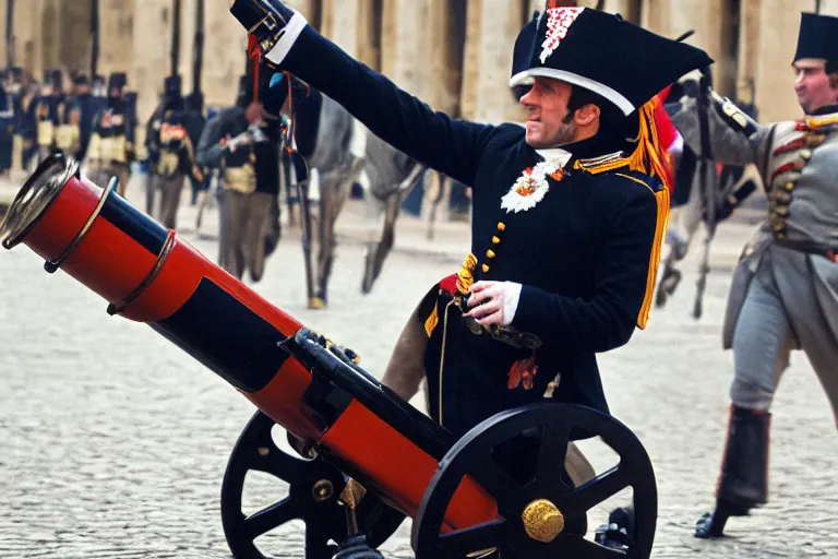 Image similar to portrait of emmanuel macron dressed as napoleon dragging a cannon in the street, natural light, sharp, detailed face, magazine, press, photo, steve mccurry, david lazar, canon, nikon, focus