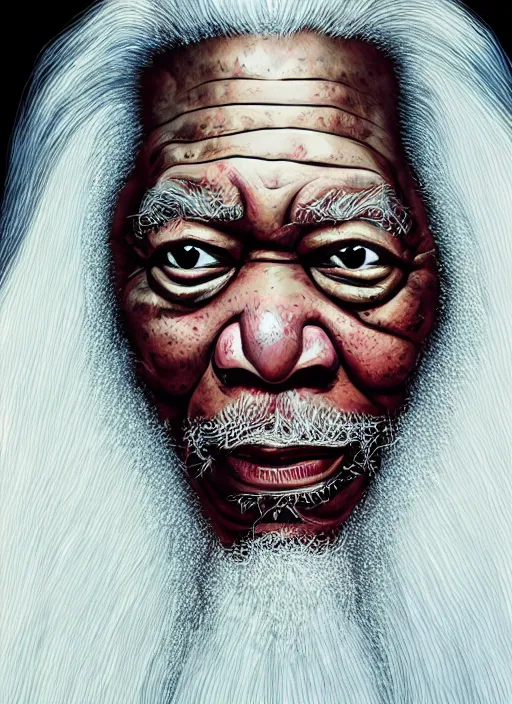 Prompt: medium camera shot of evil morgan freeman as evil wizard saurman the white, long white hair and white beard, beautiful pure white warlock flowing robes, by alan lee, lord of the rings, smooth, oil painting, matte painting, concept art, trending on artstation, promotional artwork, film still, elegant, photorealistic facial features, intricate, detailed face, dramatic lighting