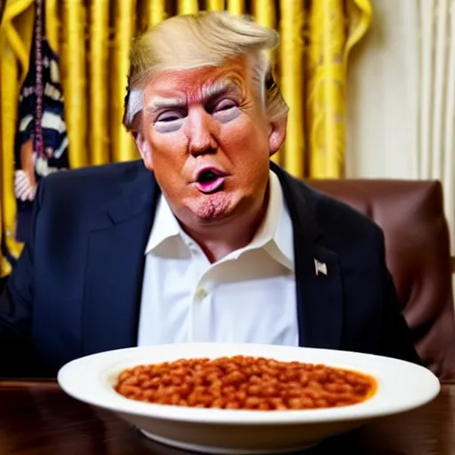 Image similar to donald trump eating baked beans in the white house