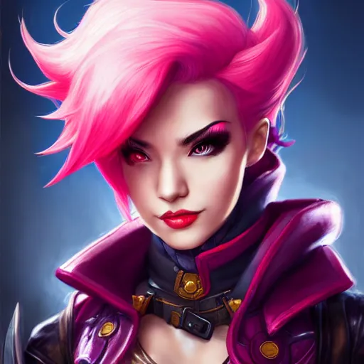 Image similar to portrait of Vi from League of Legends, by Fortiche Studio, from Netflix's Arcane, trending on artstation,fine details, realistic shaded, fine-face, Steampunk city on the background, red hair, steampunk metal boxing gloves on hands, painted texture, pretty face,by Artgerm