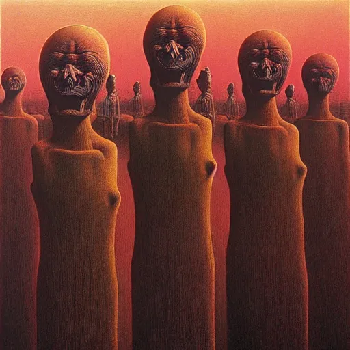 Image similar to highly detailed dystopian surreal painting of eerie grinning head statues and buildings by zdzisław beksinski