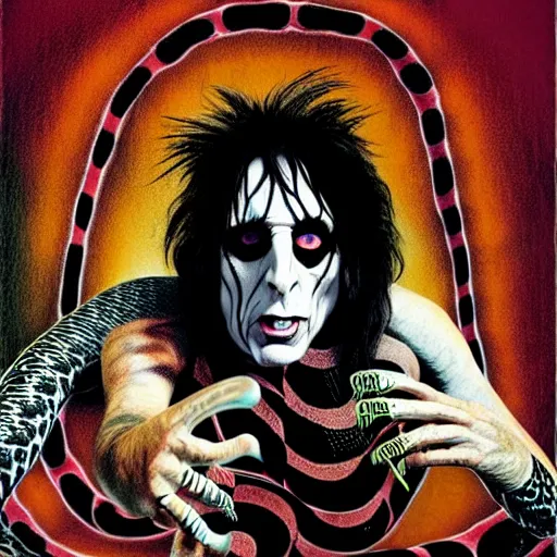 Prompt: graphic illustration, creative design, alice cooper as a snake, biopunk, francis bacon, highly detailed, hunter s thompson, concept art