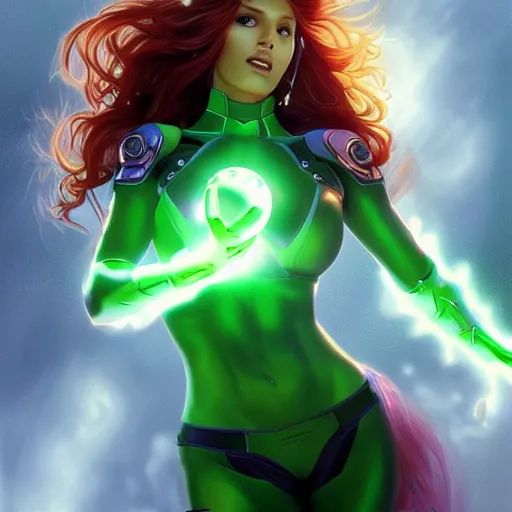 Image similar to ultra realistic illustration, bella thorne as starfire anime with glowing green eyes, intricate, elegant, highly detailed, digital painting, artstation, concept art, smooth, sharp focus, illustration, art by artgerm and greg rutkowski and alphonse mucha