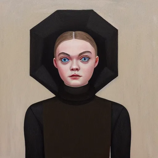 Image similar to professional painting of Elle Fanning in Santorini in the style of George Tooker, head and shoulders portrait, symmetrical facial features, smooth, sharp focus, illustration, intricate, stormy weather, extremely detailed masterpiece,