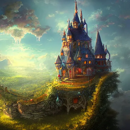 Image similar to enchanted magic castle in the sky, digital art, beautiful composition, highly detailed, trending on artstation, devianart, cgsociety